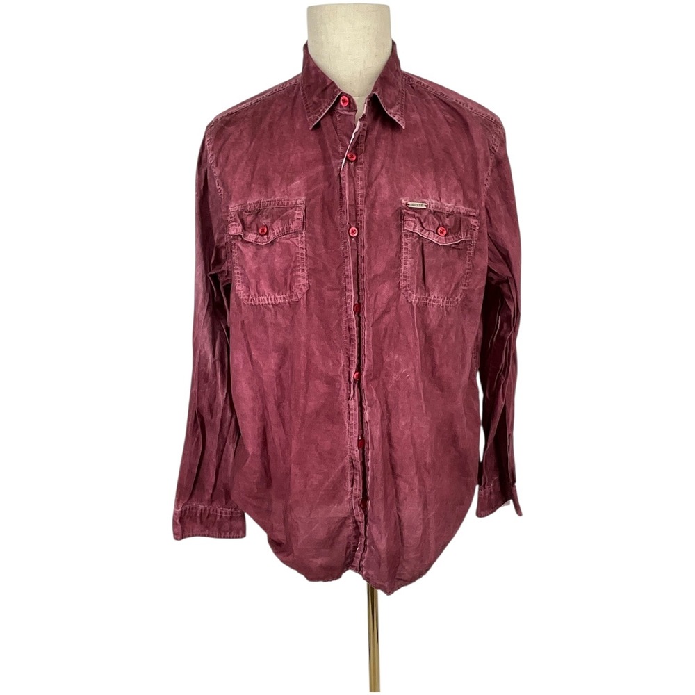 Guess Mens Regular Fit Long Sleeve Red Wash Button Up Shirt XL distressed Casual